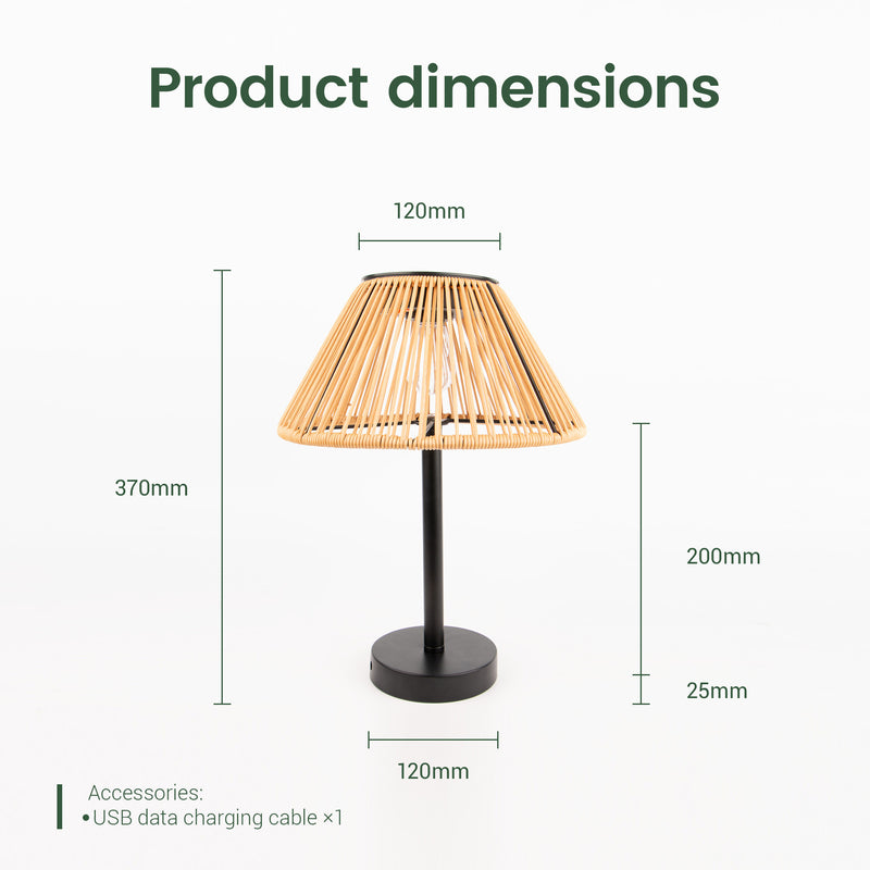 Product dimensions diagram for a table lamp with a woven natural rattan shade, black metal stem and base, shown on a light gray background with labeled measurements of 370mm height, 120mm top width, 200mm side height, 25mm side depth, and 120mm base diameter.