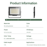 Product information card for a LED flood light with specifications.