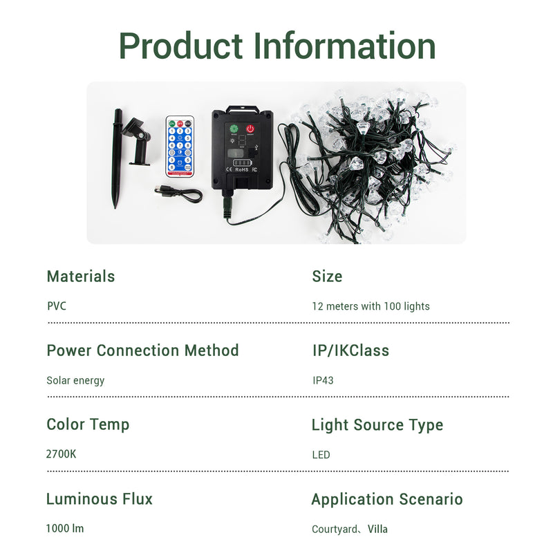 Solar Fairy Lights with Remote - 12M 100 LED Warm White & 8 Modes PT0610