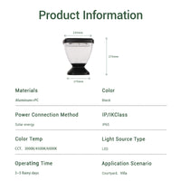 Product information card with a black and clear light fixture, dimensions, and technical specifications.