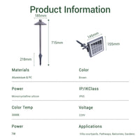 Product information chart for a solar light fixture with dimensions and specifications.