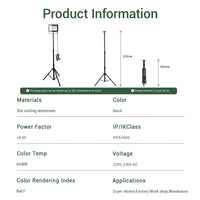 Product information sheet for a LED worklight stand with dimensions and specifications.