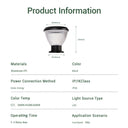 Product information card with a solar pillar light and dimensions on a white background