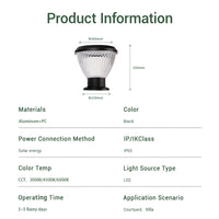 Product information card with a solar pillar light and dimensions on a white background