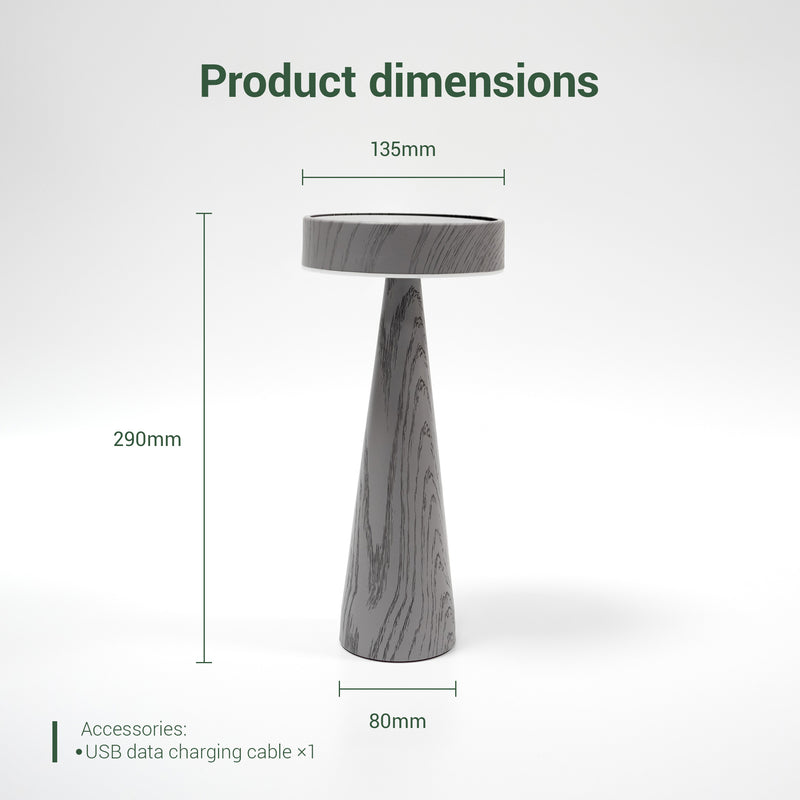 Product Dimensions Diagram: Illustration showing the Outway Mushroom Solar Table Lamp's key dimensions: 13.5cm diameter, 29cm height, and included USB-C charging cable length.
