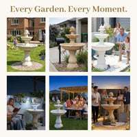 A collage of six outdoor scenes showing freestanding tiered garden fountains in use around houses, patios, and gatherings. The top text reads, 'Every Garden.