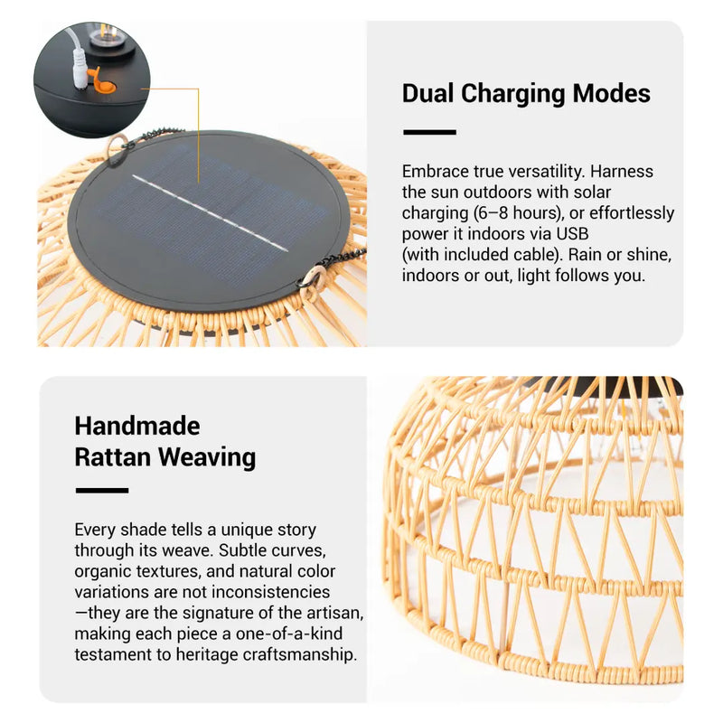 Woven lampshade with solar panel and USB charging features, highlighting handmade rattan weaving.