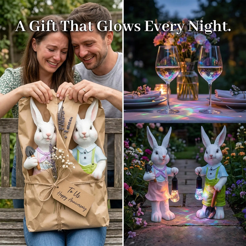 Collage of three images showing a couple unwrapping two white resin rabbit garden ornaments as a gift, a romantic rainbow-lit dinner table setting, and the boy and girl rabbit pair glowing with RGB colour-changing lanterns in a garden at night, with text overlay A Gift That Glows Every Night