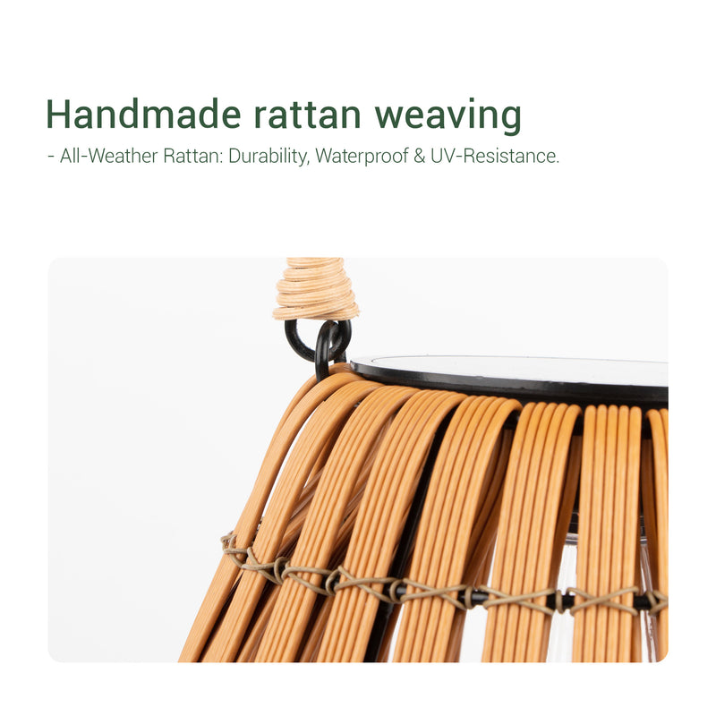 A handwoven light labeled "handmade rattan weaving," designed for a solar handwoven garden lawn light.