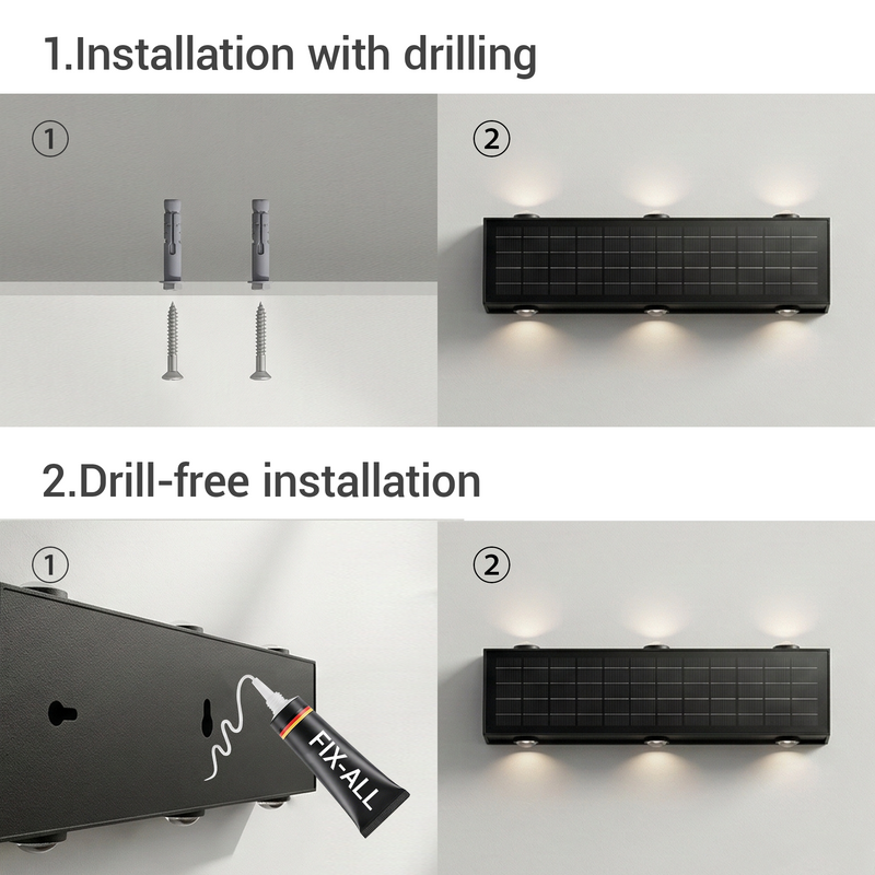 Two installation methods: drilling and drill-free adhesive mounting, versatile setup