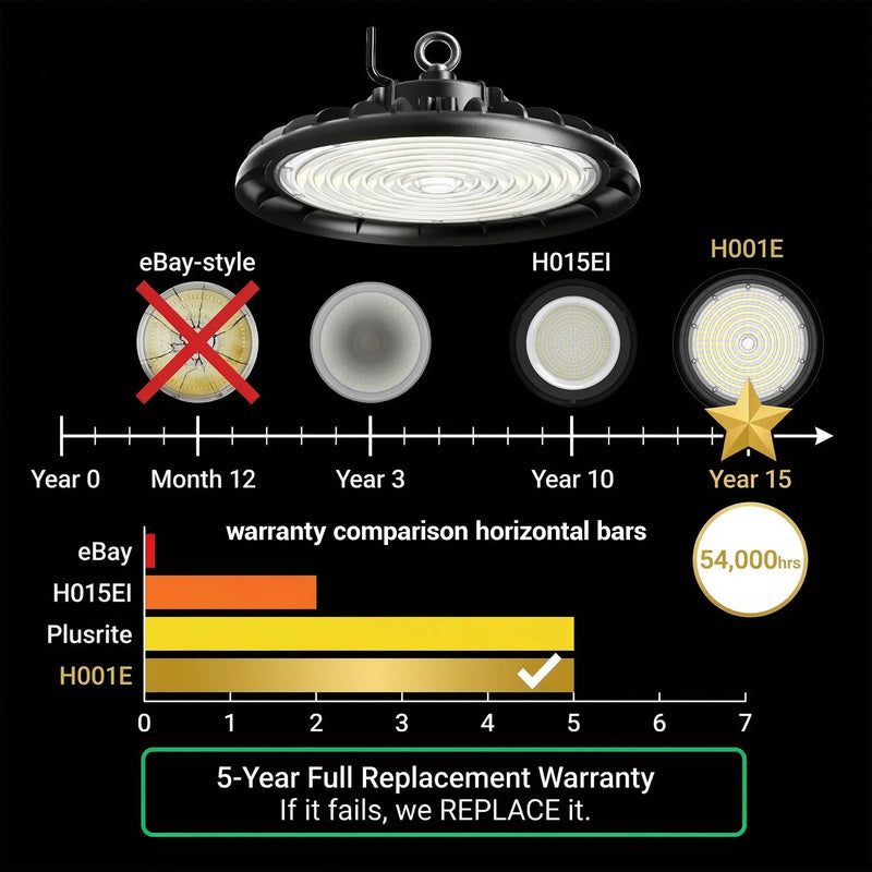 Comparison chart showing Outway high bay LED light's 5-year full replacement warranty and 54,000-hour lifespan outperforming eBay generic and Plusrite alternatives on a product longevity timeline.