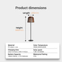 Product dimensions diagram showing 1480mm total height, 230mm shade width — specs include PE rattan + iron build, 1.8W solar panel, 1800mAh battery, IP54 rating, and 3-4hr USB charge time.