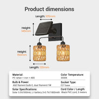 Product dimensions diagram showing solar panel 145mm high, lanterns 150mm tall, total width 245mm — PE rattan + iron + ABS build, E27 socket, 3000K warm light, 5m black cord, dual 1800mAh Li-battery for all-night glow.