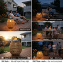 Four-scene collage demonstrating PT0906 lamp usage: top-left shows couple lounging with “Auto On at dusk”; top-right features couple on sofa with “Low — Midnight romance”; bottom-left displays sunset scene with “Auto Off at dawn — charges itself”; bottom-right shows family BBQ with “High — BBQ Friday” and “ON2 Three-Levels — One touch, any mood”.