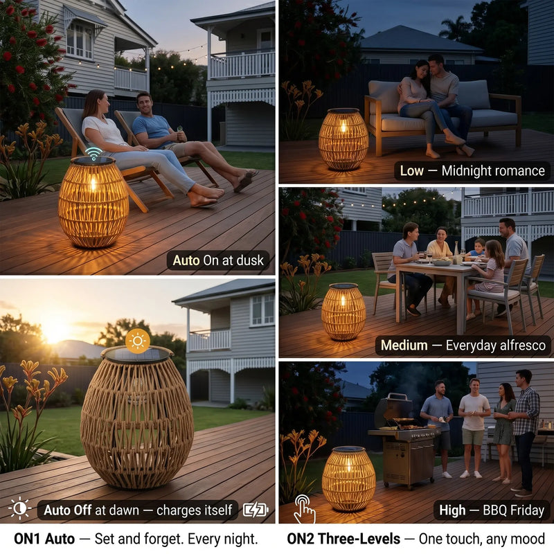 Four-scene collage demonstrating PT0906 lamp usage: top-left shows couple lounging with “Auto On at dusk”; top-right features couple on sofa with “Low — Midnight romance”; bottom-left displays sunset scene with “Auto Off at dawn — charges itself”; bottom-right shows family BBQ with “High — BBQ Friday” and “ON2 Three-Levels — One touch, any mood”.