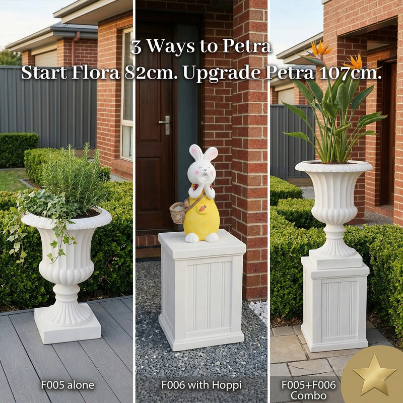 Outway F005 F006 Petra three purchase options planter alone pedestal with Hoppi rabbit F005 F006 combo 107cm bird of paradise entrance