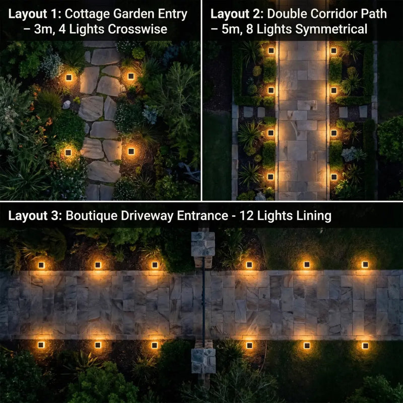 Three different garden lighting layouts with descriptions and light placements.