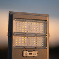 Close-up detail of the OUTWAY T007 solar light panel showing the radar sensor, LED array, and durable aluminium housing.