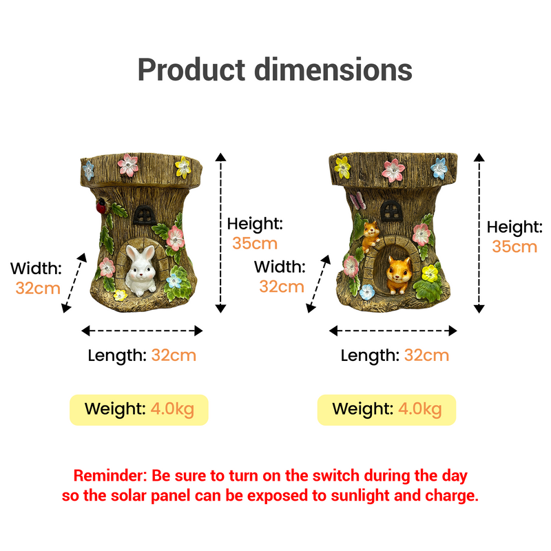 dimensions of the Outway tree stump stool, 35 cm height, 32 cm width, 32 cm length, and 4.0 kg weight.