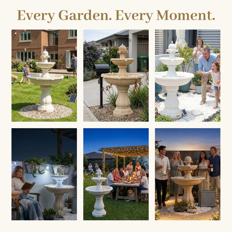 Six-scene collage of OUTWAY solar garden fountains in Australian settings including backyard lawn BBQ front entrance courtyard family moment night reading outdoor dinner party and friends gathering at dusk with text overlay Every Garden Every Moment