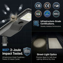 T007ES smart time-dimming mode diagram: 100% full bright for 10 minutes at dusk, stepping down to 70%, 50% (5h), 40%, 25%, then 20% until dawn — maximising 2-night LiFePO4 battery life. Three modes shown: Motion Mode, Constant Mode, and Brightness Mode.