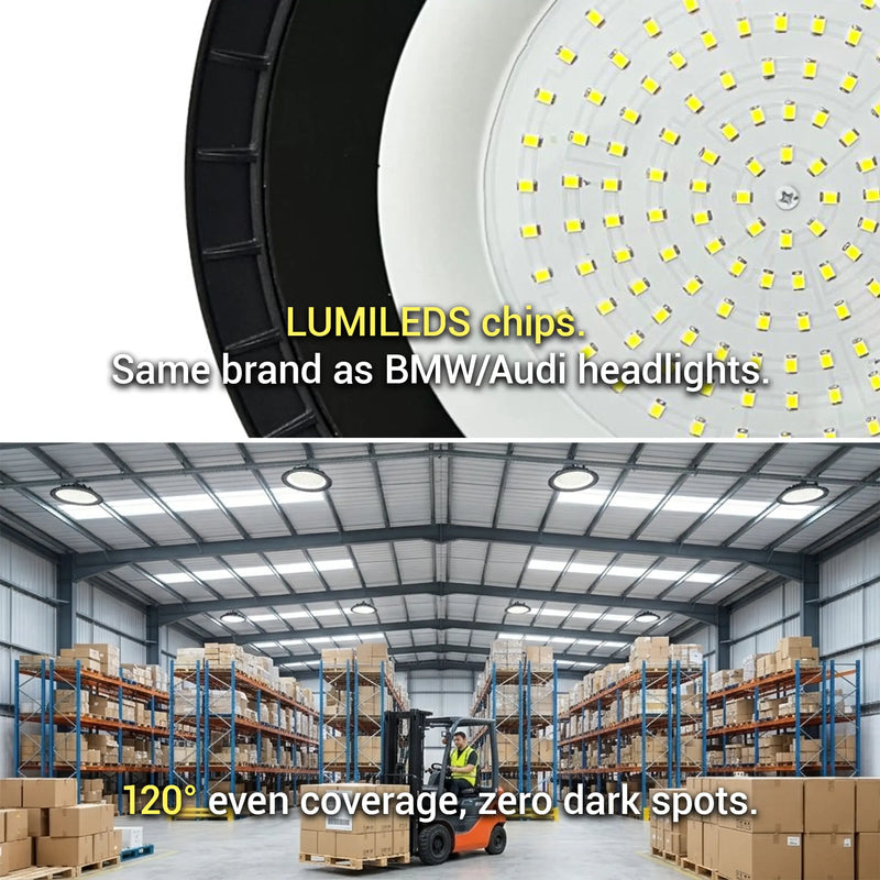 Lumileds LED chips close-up same brand as BMW Audi headlights with 120 degree even coverage zero dark spots warehouse forklift operation below