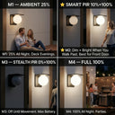 Four-panel infographic showing Lumora Solar PT0720 lighting modes: M1 Ambient 25% all-night glow for deck evenings, M2 Smart PIR dim plus full brightness on motion detection, M3 Stealth PIR off until movement for maximum battery, M4 Full 100% all-night brightness for parties