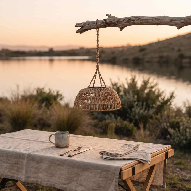 A woven wicker pendant lamp hangs from a rustic branch above a table set outdoors by a lake at sunset. The scene includes a linen tablecloth, a metal mug, cutlery, and a folded napkin.