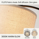 Fabric lampshade with text describing features and color temperature.