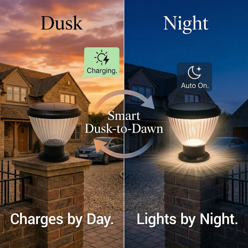 Split image of OUTWAY Priva PT0111 solar pillar cap light showing charging mode at dusk on a stone gate pillar on the left and auto-on warm white illumination at night on the right with text overlay Smart Dusk-to-Dawn Charges by Day Lights by Night