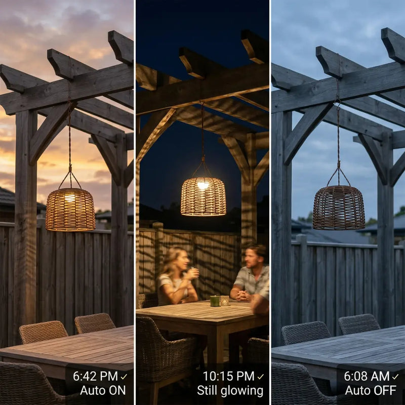 Time-lapse triptych showing PT0907 Solar Pendant Light auto-on at 6:42 PM dusk, still glowing at 10:15 PM, and auto-off at 6:08 AM dawn — demonstrating smart dusk-to-dawn sensor functionality for effortless garden lighting.