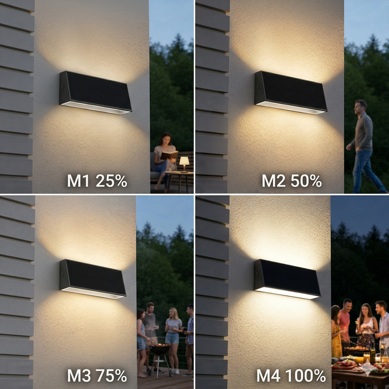 Outdoor wall light fixture with different brightness levels on a house exterior.