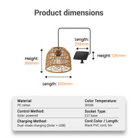 Product dimensions diagram: PT0913 measures 160mm height, 200mm width, with 210mm cord length and 135mm solar panel — includes material specs (PE rattan), 3000K color temp, E27 socket, dual-mode charging.