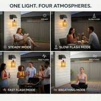 Split-image graphic showing the Kasa light’s four modes: Steady, Slow Flash, Fast Flash, and Breathing. Each quadrant depicts a different use case — reading, romantic dinner, party, and meditation — demonstrating its versatility across moods and occasions.