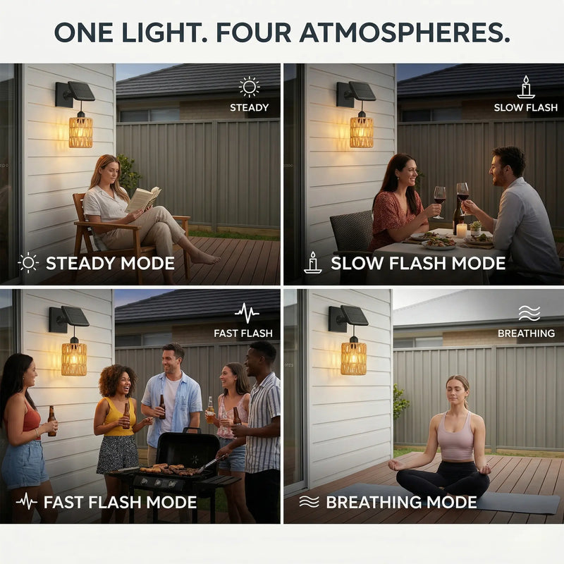 Split-image graphic showing the Kasa light’s four modes: Steady, Slow Flash, Fast Flash, and Breathing. Each quadrant depicts a different use case — reading, romantic dinner, party, and meditation — demonstrating its versatility across moods and occasions.
