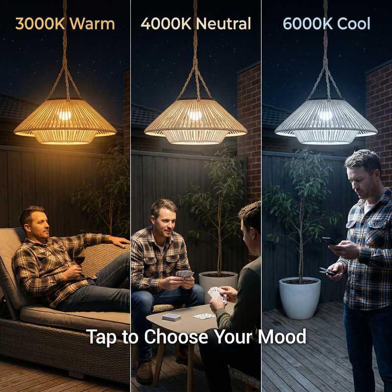 Three-panel comparison showing a hanging pendant light in different color temperatures: 3000K warm yellow, 4000K neutral, and 6000K cool white. Each panel includes people in a backyard patio setting under the light, with text reading '3000K Warm,' '4000K Neutral,' '6000K Cool,' and 'Tap to Choose Your Mood.