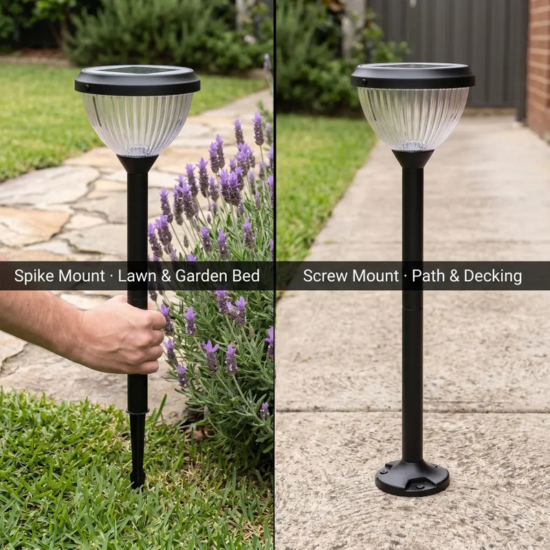 Dual installation solar pathway lights, stake type for lawn and flower beds, screw-fixed type for paths and patios