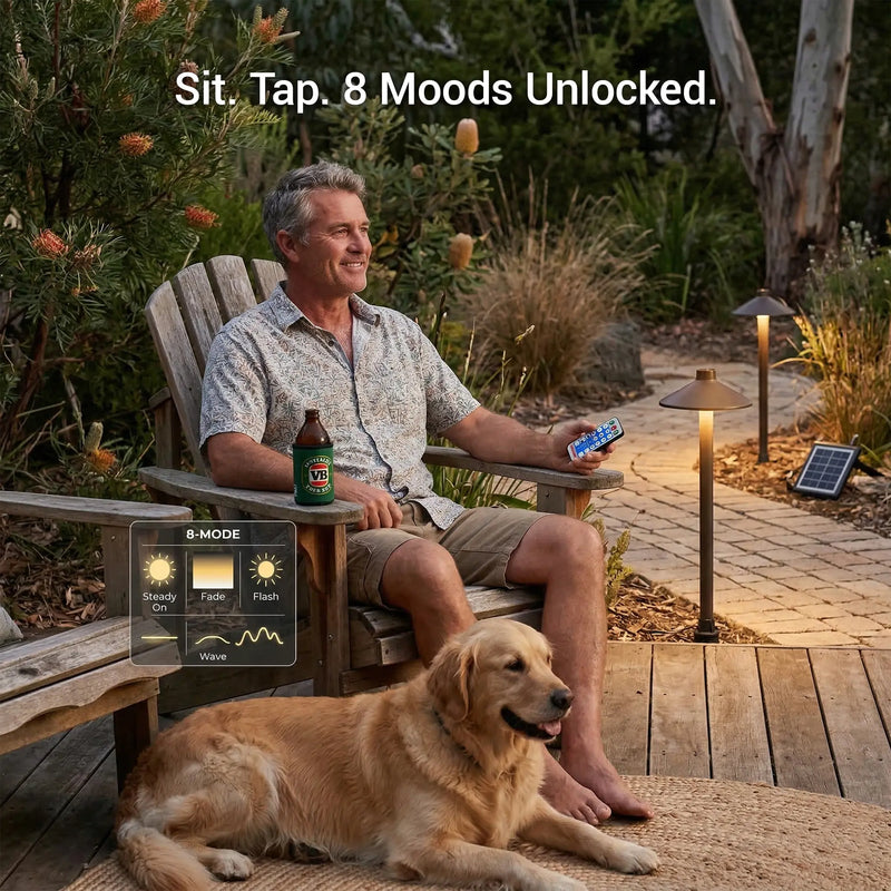 PT0609 Solar Mushroom Pathway Light man garden chair remote control 8 lighting modes steady fade flash wave dog Australian backyard