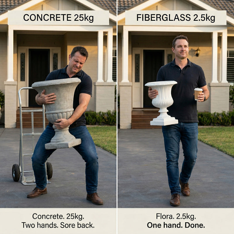 Side-by-side: man straining to lift 25kg concrete urn vs man one-handed carrying OUTWAY Flora fiberglass planter 2.5kg with coffee, caption: "Concrete. Two hands. Sore back. Flora. One hand. Done." — F004-flora-planter-vs-concrete-weight-comparison-2point5kg