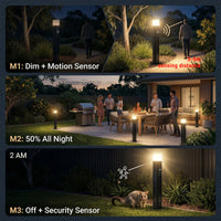 Outdoor lighting system with motion and security sensors in a garden setting.