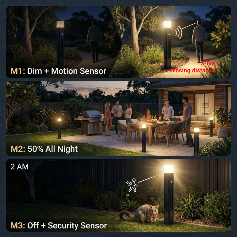 Outdoor lighting system with motion and security sensors in a garden setting.