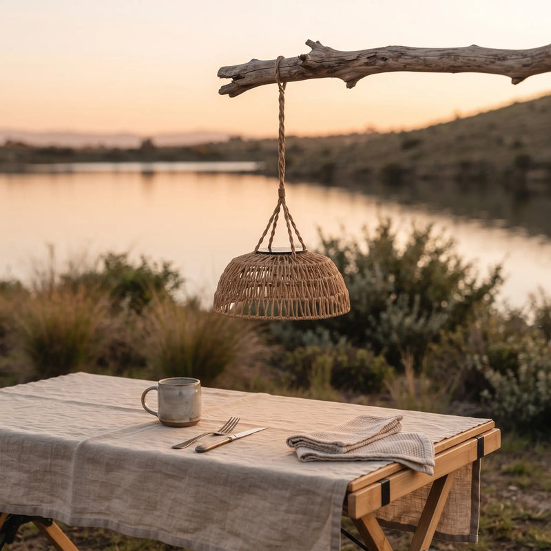 A woven wicker pendant lamp hangs from a rustic branch above a table set outdoors by a lake at sunset. The scene includes a linen tablecloth, a metal mug, cutlery, and a folded napkin.
