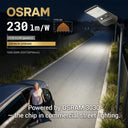 T008-200W solar street light illuminating a wide residential road with a person getting out of a car, highlighting the high-efficiency OSRAM 3030 LED chip, 230lm/W efficacy, and TYPE-4M road optics.
