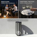 Outdoor lighting fixture with night glow, functional tabletop, and daytime silhouette features.