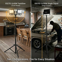 Two configurations of LED work light, dual-head 2x50W TwinGlow and single-head 1x100W high power tripod flood light, adjustable height up to 1.55M