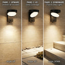 Three-panel diagram showing Serra solar wall light angle positions: Panel 1 upward for indirect focused light, Panel 2 at 45 degrees for area coverage, Panel 3 downward for task and step lighting