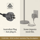 Australian standard plug floor lamp, RCM certified, 1.8M SAA cord, no adapter needed, safe voltage AC100-240V, IP20 waterproof rating for indoor use