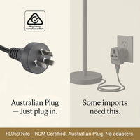 Australian standard plug floor lamp, RCM certified, 1.8M SAA cord, no adapter needed, safe voltage AC100-240V, IP20 waterproof rating for indoor use