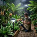 Man in a greenhouse taking notes on plants with a solar lamp illuminating the area.