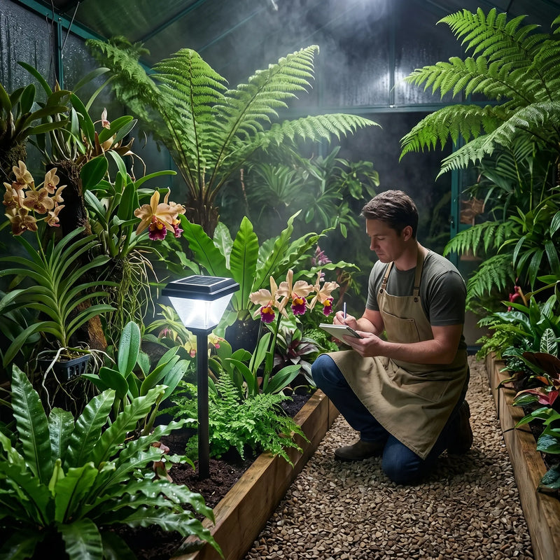 Man in a greenhouse taking notes on plants with a solar lamp illuminating the area.